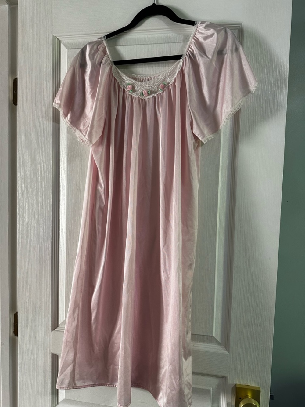 Vintage-Inspired Pink Satin Nightgown with Lace Trim